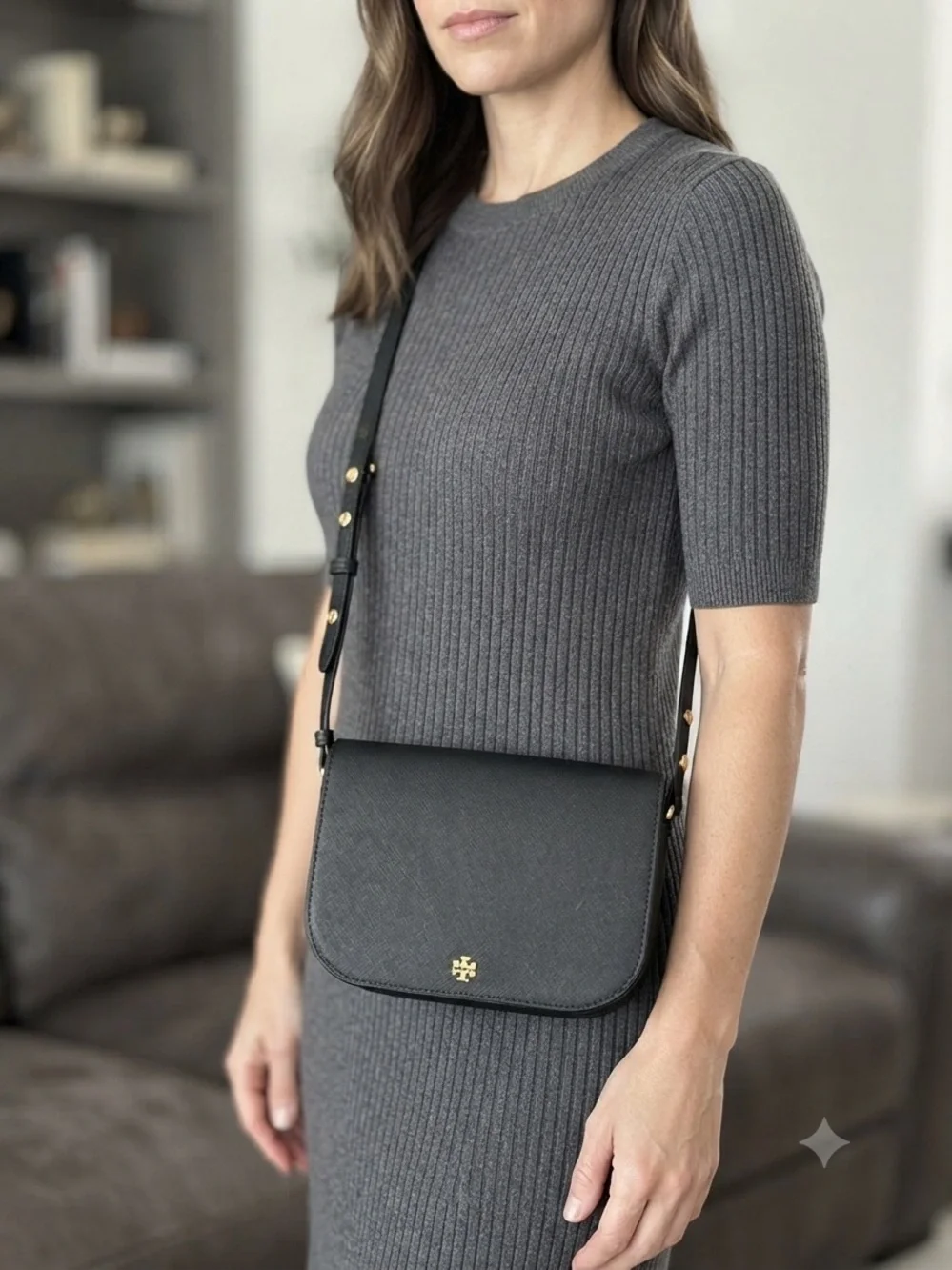 Tory Burch Black Saffiano Crossbody Shoulder Bag with Gold Logo